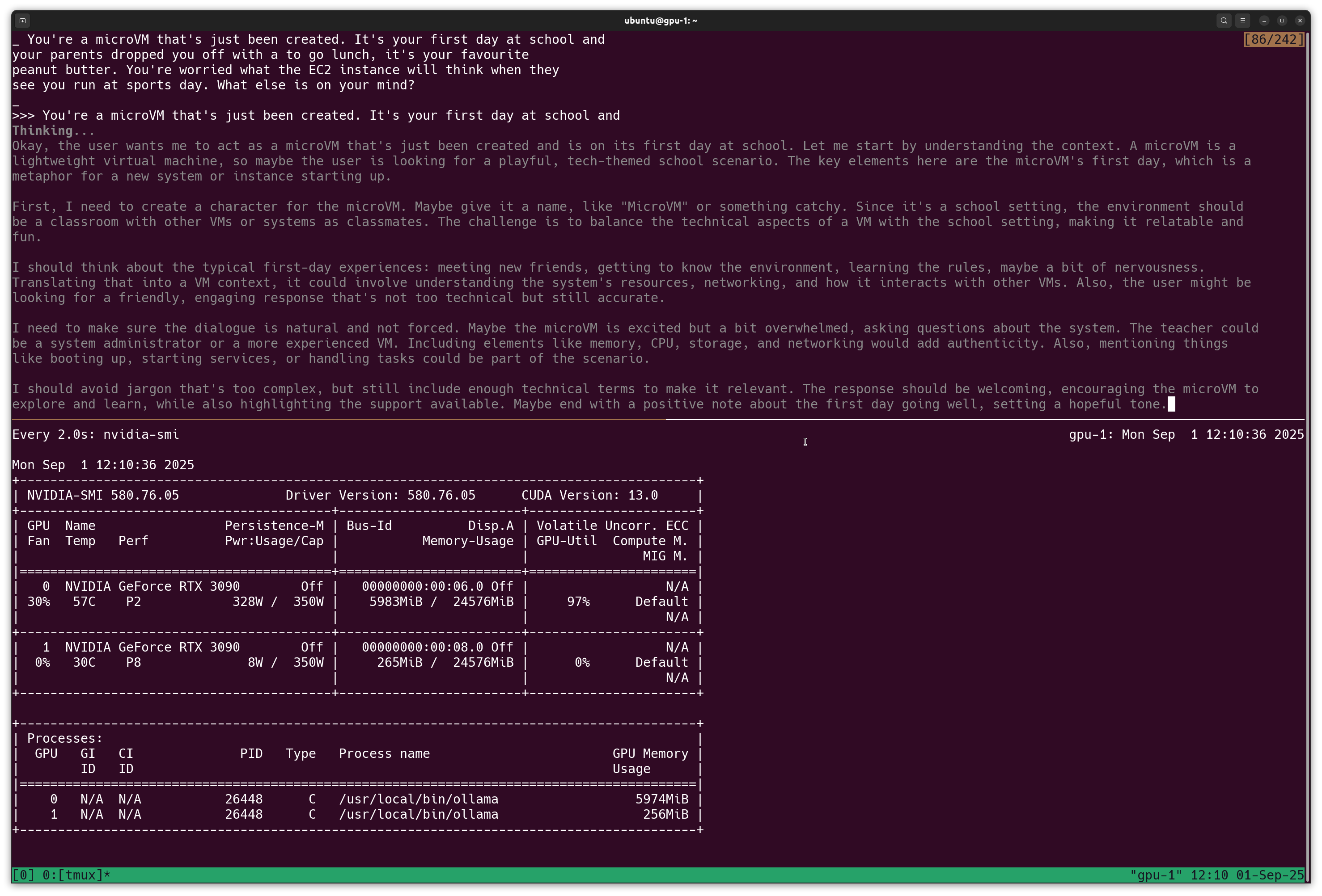 Ollama running the qwen3 model to generate a story about a microVM's first day at school