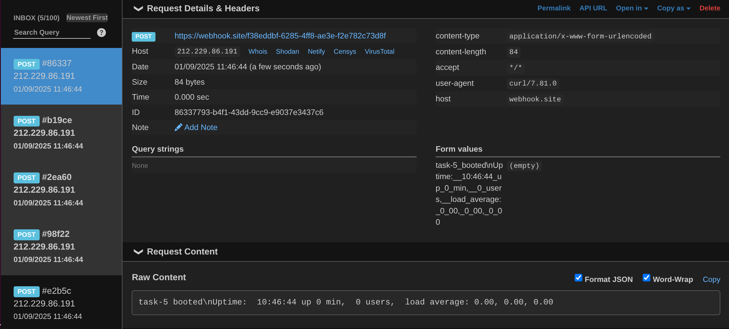 Each of the 5 tasks that executed and exited, posted to the endpoint
